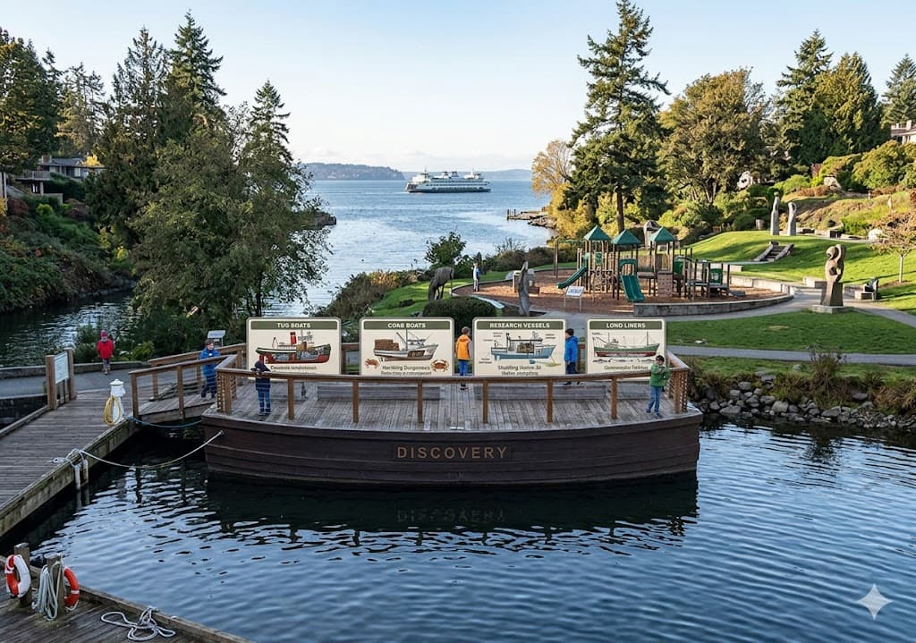 Concept rendering of the Discovery barge, a children's maritime learning area with interpretive signage about tug boats, crab boats, research vessels, and long liners