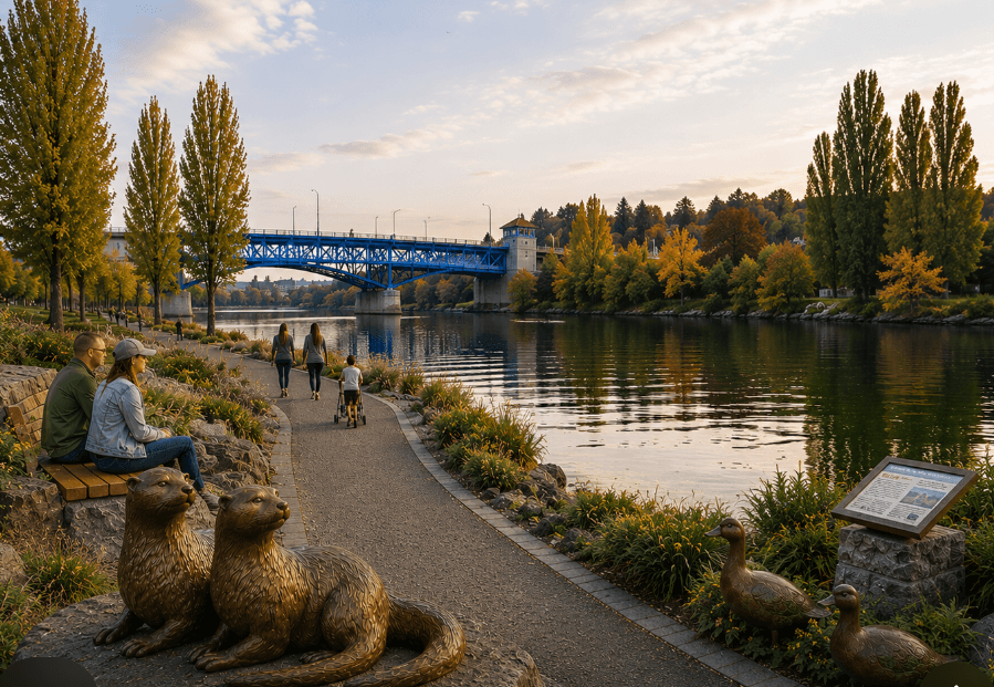 Artist rendering of the Fremont Canal Sculpture Garden, a meandering path along the canal with bronze wildlife sculptures, seating areas, and native plantings
